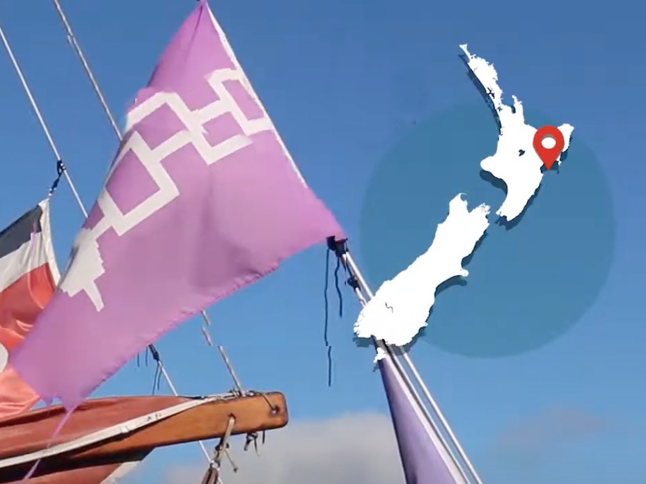Video still of Waka plastics trawl, Hawke’s Bay region. Te Papa The mast of a boat with sails and map overlaid with a map of New Zealand on the top-right