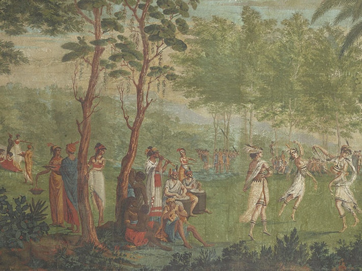 Jean-Gabriel Charvet, detail of Les Sauvages de la Mer Pacifique (The native peoples of the Pacific Ocean), 1804-05, woodblock printing, stencilling, and hand-brushed gouache on paper. Purchased 2015 with Charles Disney Art Trust funds. Te Papa (2015-0048 Close up of Les Sauvages de la mer Pacifique