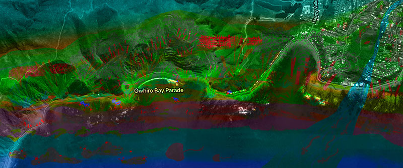 A map of a seaside town that has been drawn on to illustrate unseen landscapes and features