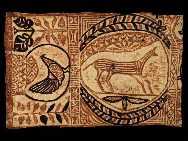 Siapo tasina (tapa cloth), 1900-1947, Samoa, maker unknown. Gift of Dr Terence Barrow, 1949. Te Papa (FE010552) Material made from bark with animals designs painting on it in brown natural colours