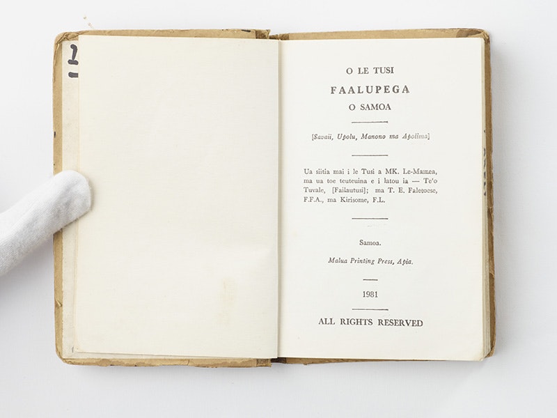O le Tusi FAALUPEGA o Samoa, 1981, Samoa, by Malua Printing Press, T Faletoese. Gift of Safua Akeli, 2010. Te Papa (FE012543) An open book with Sāmoan text printed on the page
