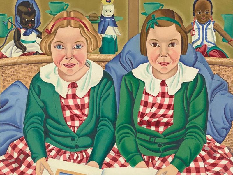 Rita Angus, Fay and Jane Birkinshaw, 1938, oil on canvas. Purchased 1998 with New Zealand Lottery Grants Board funds. © Reproduced courtesy of the Estate of Rita Angus. Te Papa (1998-0028-3) Painting of two young girls sitting side by side. They are wearing red and white checked dresses and green cardigans