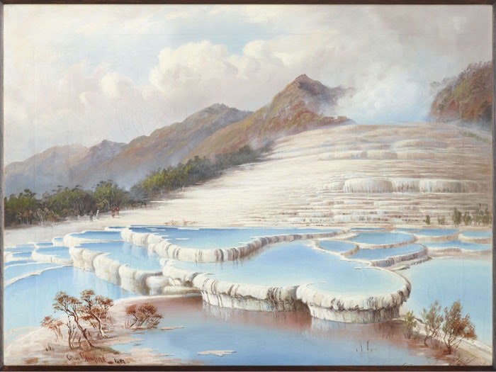 White Terraces, 1882, Auckland, by Charles Blomfield. Gift of Sir Guy Berry, South Africa, 1960. Te Papa (1960-0003-2) Painting of White Terraces, Tarawera