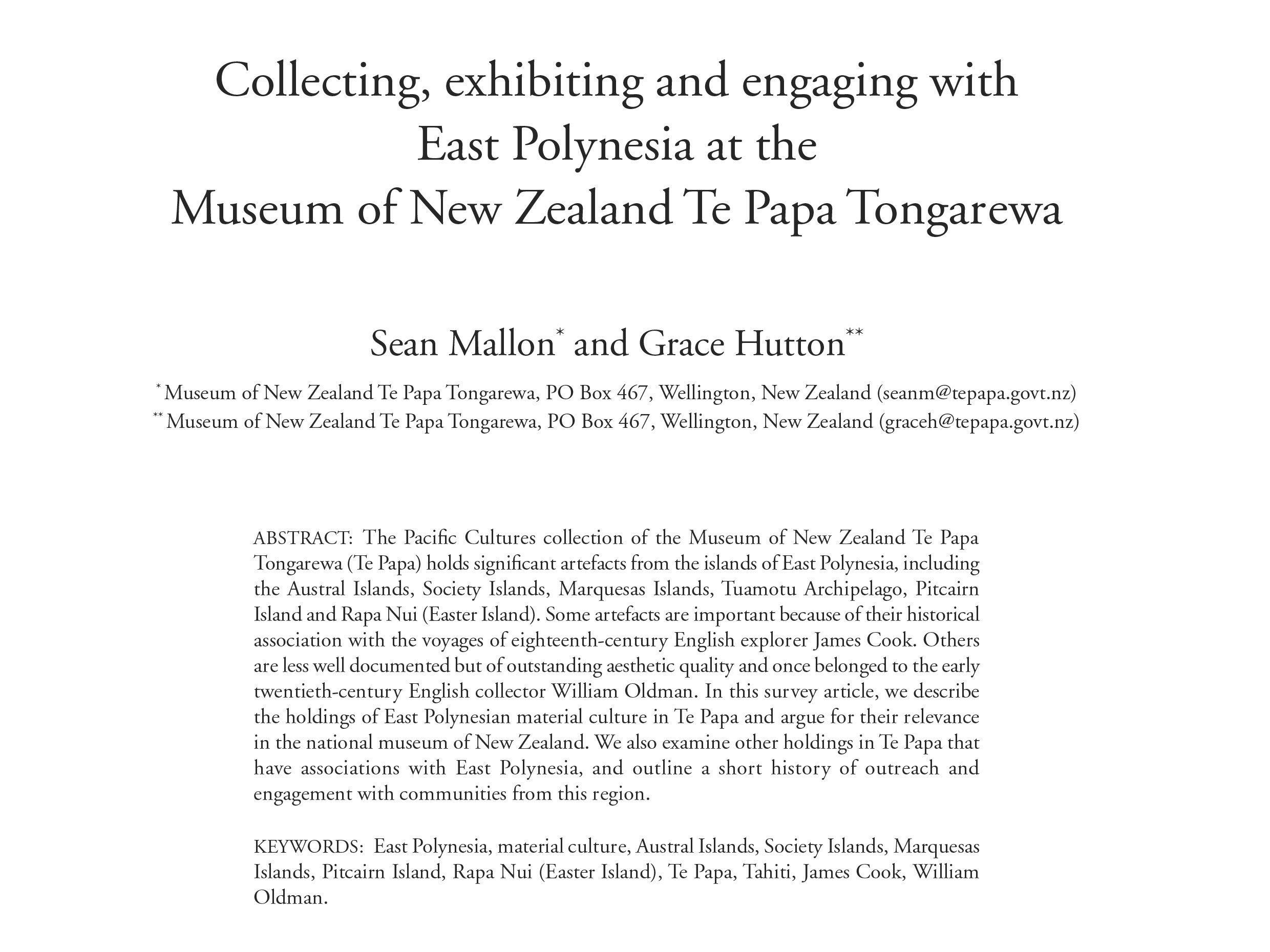 Collecting, exhibiting and engaging with East Polynesia at the Museum of New Zealand Te Papa Tongarewa: Tuhinga 24 Text from a PDF document
