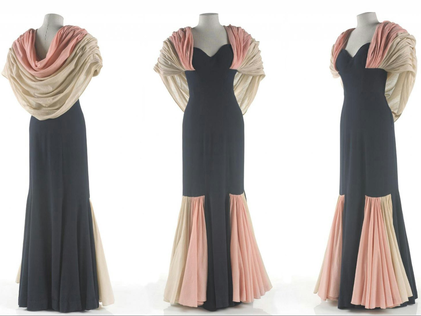 Dress, evening, about 1948, Paris, by Marcel Rochas. Gift of Mary-Annette Hay, 2007. CC BY-NC-ND 4.0. Te Papa (GH015667) Three views of a pink, white, and black dress