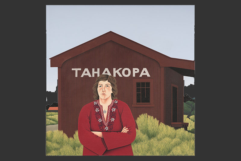 Painting of a woman standing in front of a rural train station. The station is made of corrugated iron and painted brown. The woman stands with her arms crossed, wearing a red dress with a floral design around its swooping neck line