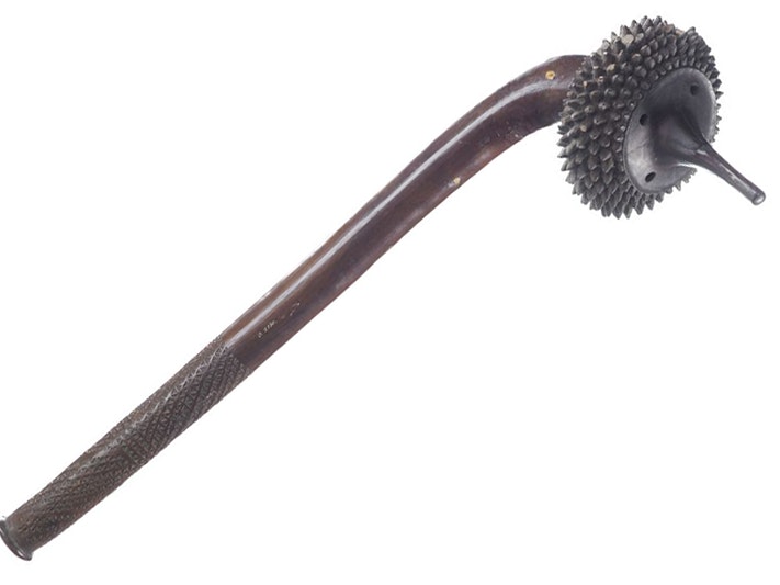 Totokia (club), Fiji, maker unknown. Oldman Collection. Gift of the New Zealand Government, 1992. Te Papa (OL000130.S/1) A wooden club with a round ball at the end with a pointed end