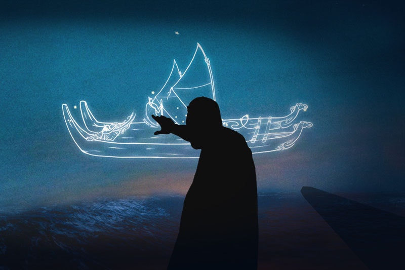 A silhouette of a man pointing to a double-hulled waka outline in the night sky.