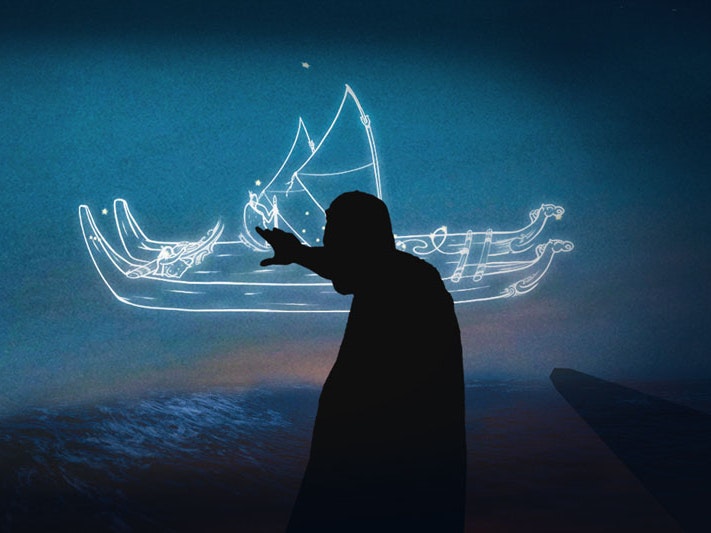 A still from the animation about waka hourua in the exhibition Manu Rere Moana. Te Papa A silhouette of a man pointing to a double-hulled waka outline in the night sky.