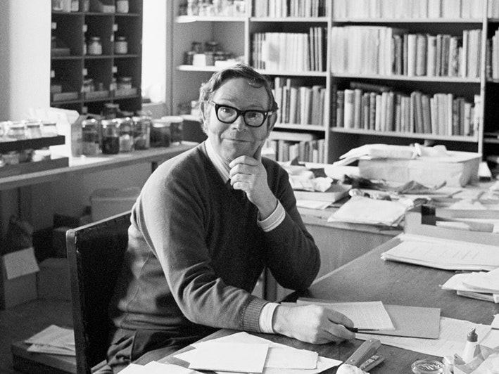 Dr John Yaldwyn, when Assistant Director of the National Museum, 1976. Photograph by Trevor Ulyatt. Te Papa (MA_E.00350/32a) A black and white photo of a man with black rimmed glasses siting at a desk surrounded by a lot of papers.