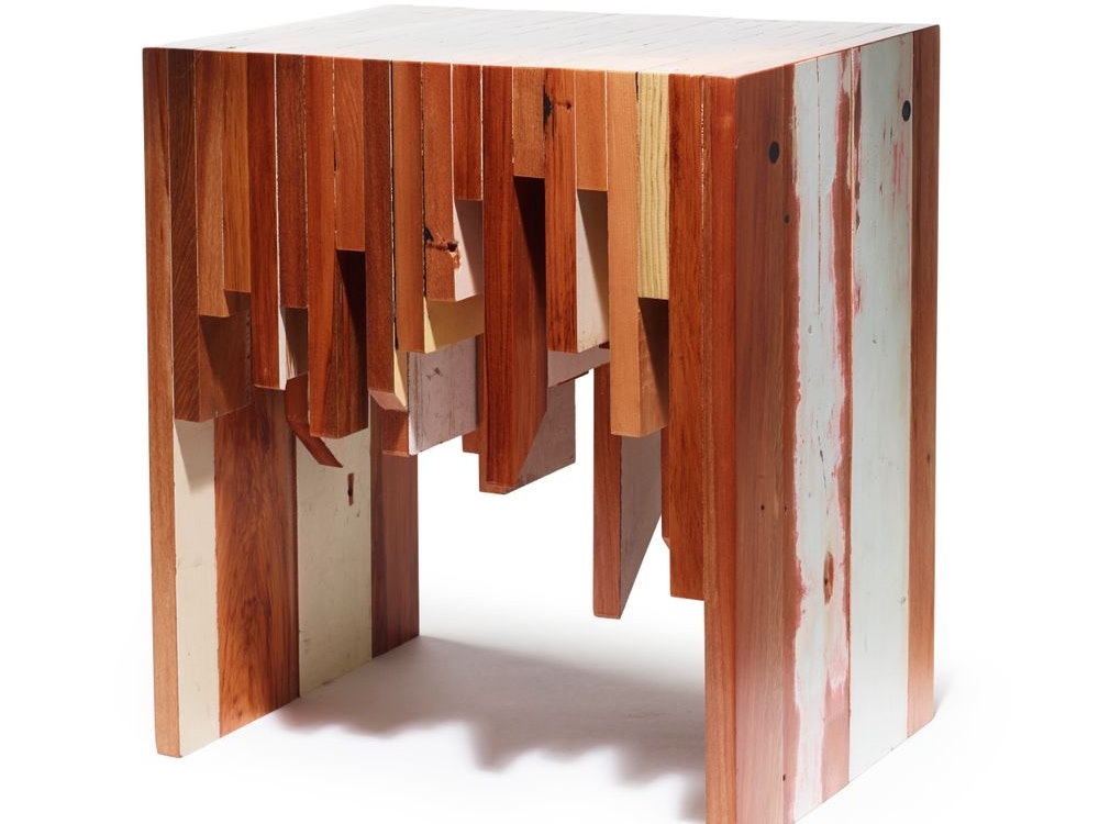 Offcut Side Table, Rekindle; furniture maker; 2013–2014; New Zealand. Purchased 2014. Te Papa (GH024290) A wooden table made of several pieces of wood that are all different lengths.