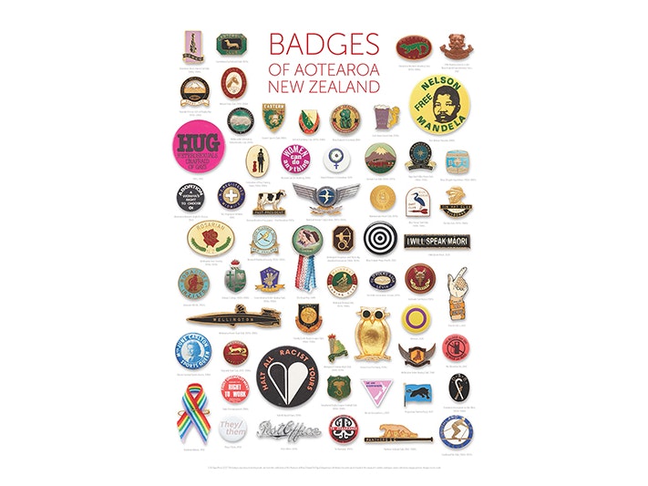 Badges of Aotearoa poster. Te Papa A white tile with a lot of badges laid facing up gathered in the middle.