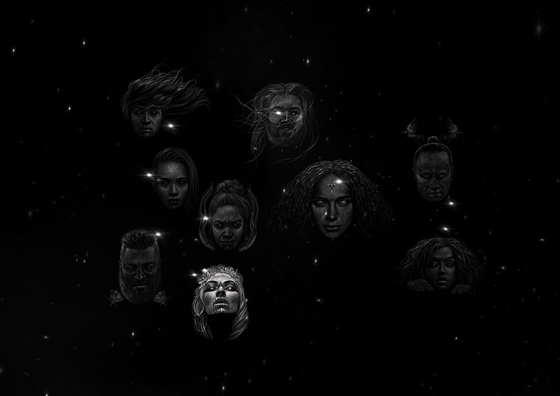 Illustration of nine faces representing the nine stars of Matariki, one of the faces is brighter than the others.