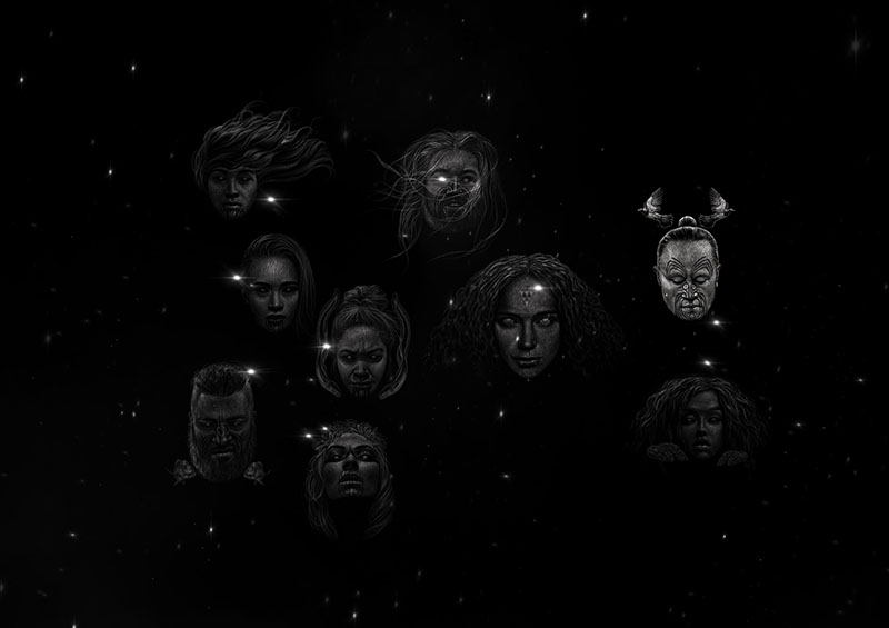 Illustration of nine faces representing the nine stars of Matariki, one of the faces is brighter than the others.