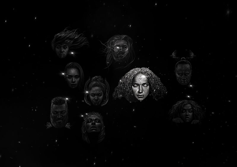 Illustration of nine faces representing the nine stars of Matariki, one of the faces is brighter than the others.