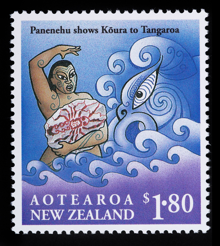 A stamp with a man on it holding a stone with the image of a crayfish on it. There's a taniwha or stylised dragon in the background.