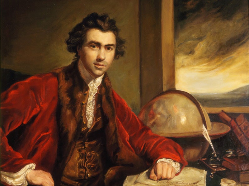 Portrait of Sir Joseph Banks (crop), 1970, by Joyce Aris, Sir Joshua Reynolds. Te Papa (1000-0000-59) Portrait of Joseph Banks, seated in a red coat