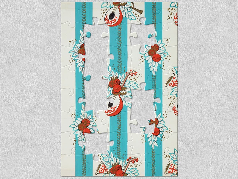 Christmas, 1950s, by Roundhill Studio. Te Papa (CA000670/001/0005) Illustration of musical instruments and Christmas baubles