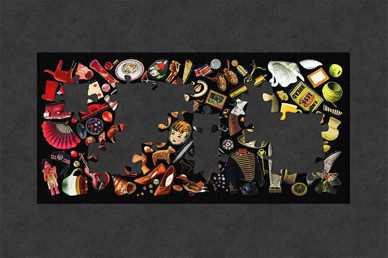 A collage comprising of objects from Te Papa’s collections, organised by colour and shape