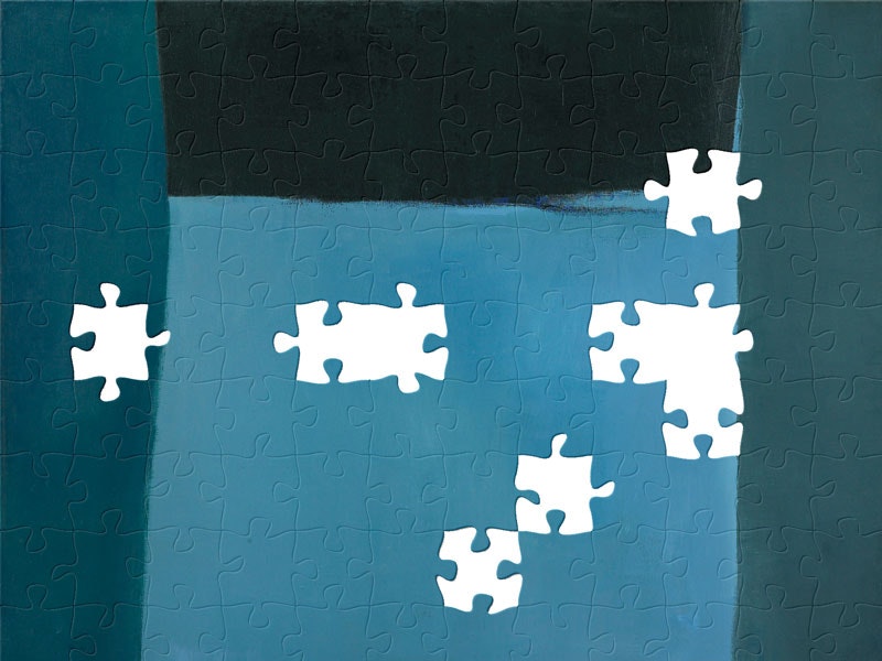 John Drawbridge, Bluescape, 1963, oil on canvas. Purchased 1969 from Wellington City Council Picture Purchase Fund. CC BY-NC-ND 4.0. Te Papa (1969-0015-1) A painting of four different blue squares