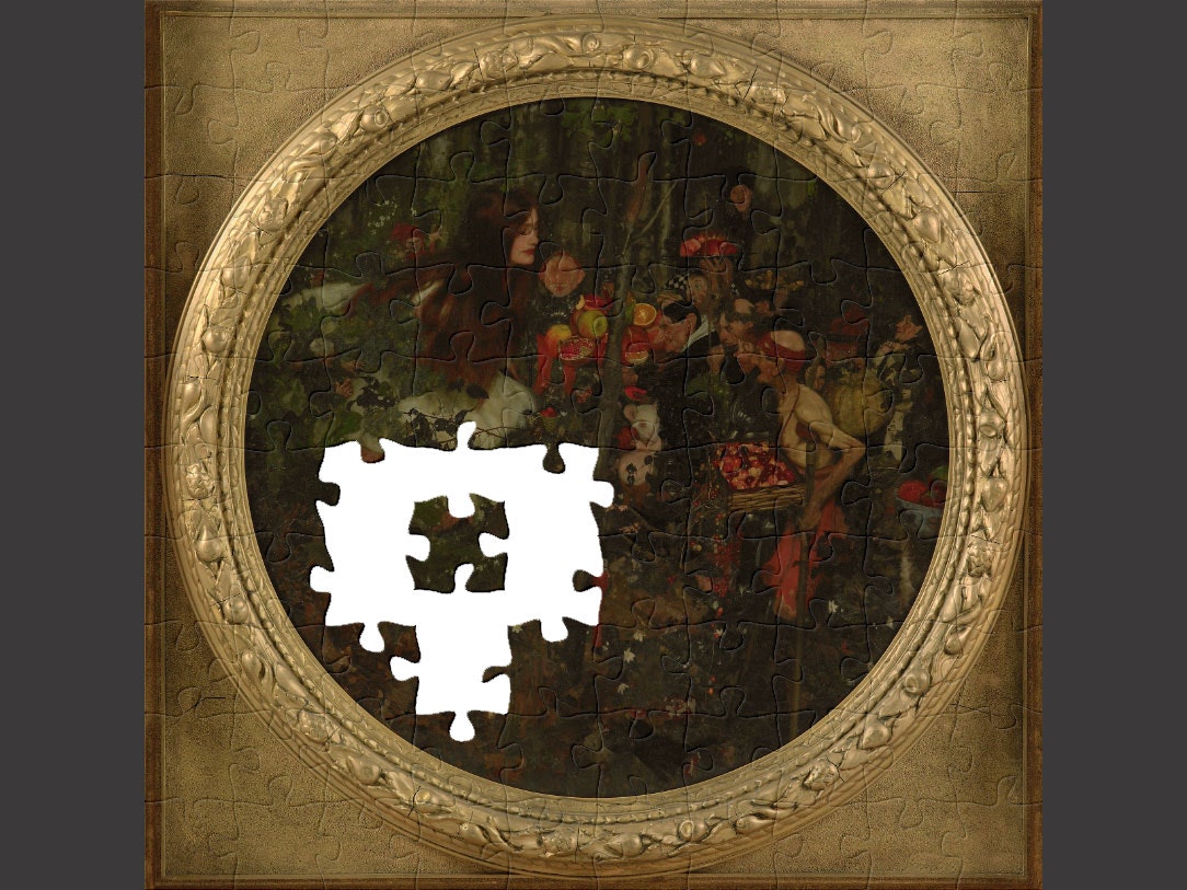 Goblin market, 1911, England, by Frank Craig. Purchased 1912 by public subscription. Te Papa (1912-0021-11) Painting of a young lady surrounded my fruit and goblins