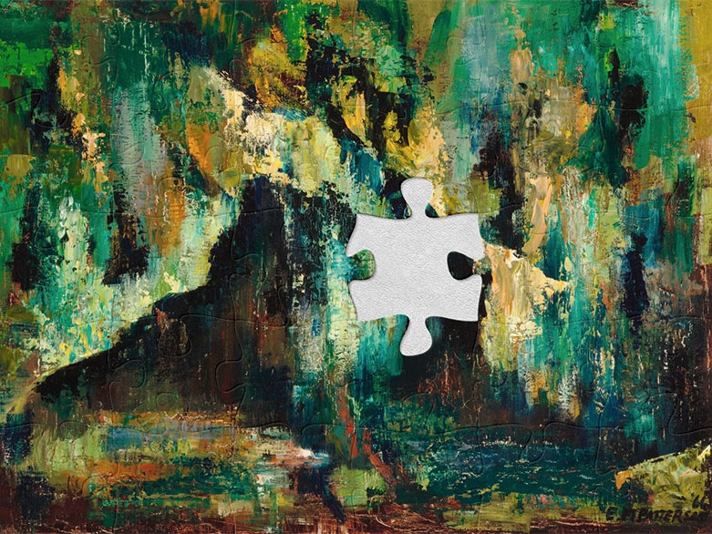 Evelyn Patterson, The cave, 1966, oil on canvas. CC BY-NC-ND 4.0. Te Papa (1966-0037-1) Abstract oil painting of incredibly rich colours, especially green, of what could be interpreted as a cave