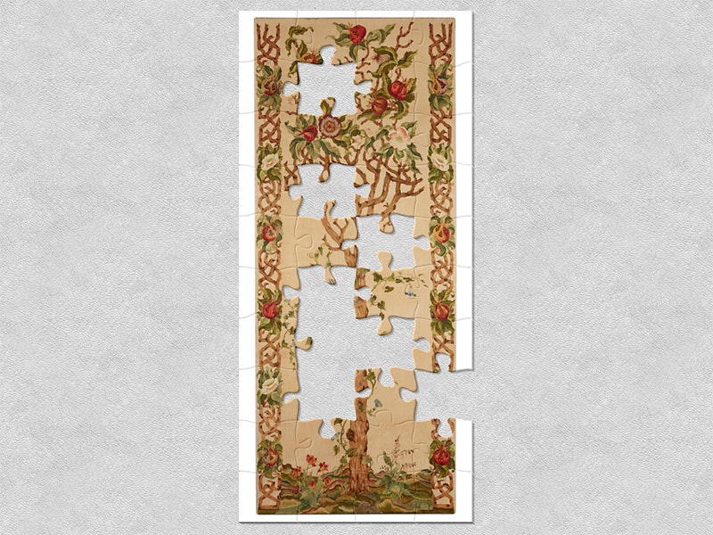 Embroidery, ‘The Pomegranate Tree’, about 1900-1905, London, by Lady Jane Cory. Bequest of Jane, Lady Cory, 1948. Te Papa (PC004116) Embroidery of a large pomegranate tree. Around the edges are a network of twisting branches