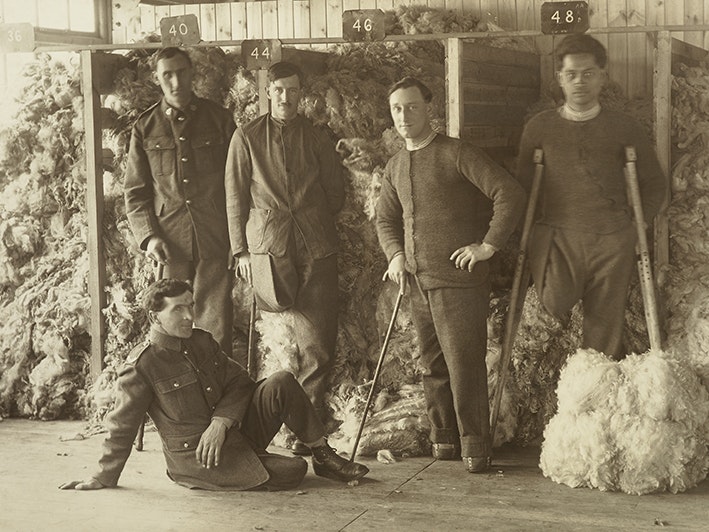 Five unidentified WWI soldiers posing in front of piles of sheep fleeces at Oatlands Park, Surrey, England, 1918, England, maker unknown. Acquisition history unknown. Te Papa (O.031486) Five men lined up and looking at the camera. Some of them have amputated limbs.