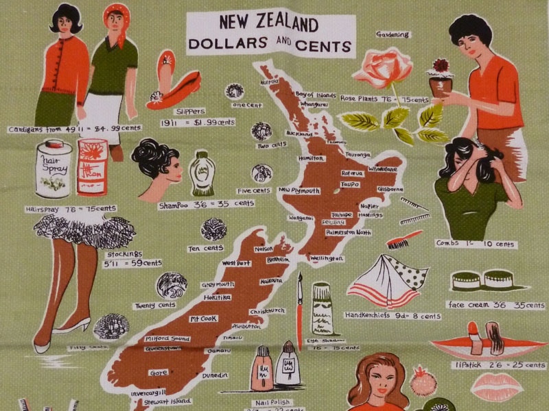 Tea Towel, ’New Zealand Dollars and Cents’, 1967, New Zealand, maker unknown. Gift of Claire Regnault, 2012. Te Papa (GH017595) Tea Towel, ’New Zealand Dollars and Cents’