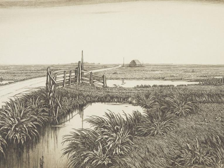 Essex, 1940 - 1942, England, by Charles William Taylor. Gift of Sir John Ilott, 1969. Te Papa (1969-0010-18) Etching of a canal scene