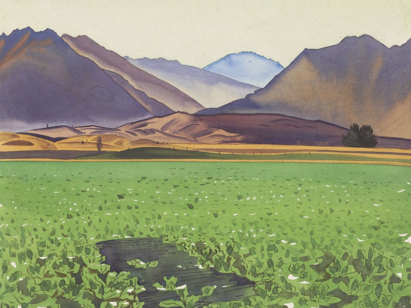 Rita Angus, Landscape (Wanaka), 1939. Watercolour. Purchased 1998 with New Zealand Lottery Grants Board funds. Te Papa (1998-0028-10) Watercolour painting of a landscape. The bottom half comprises of low-lying green vegetation; beyond, gradual hills before a dramatic mountainous landscape beyond