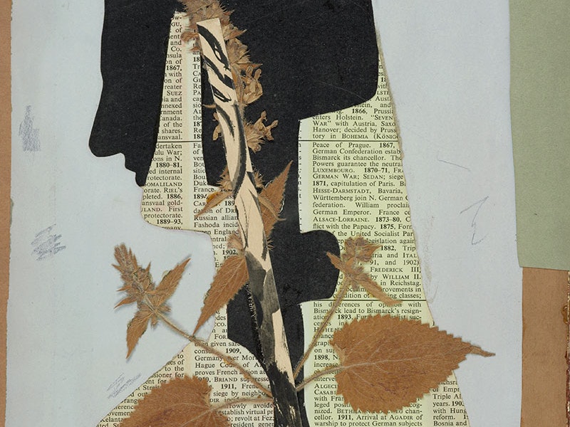 Eileen Agar, Woman reading, 1936, collage of pen and ink, pasted paper and pressed leaves. Purchased 1972 with Lindsay Buick Bequest funds. Te Papa (1972-0008-1) ""