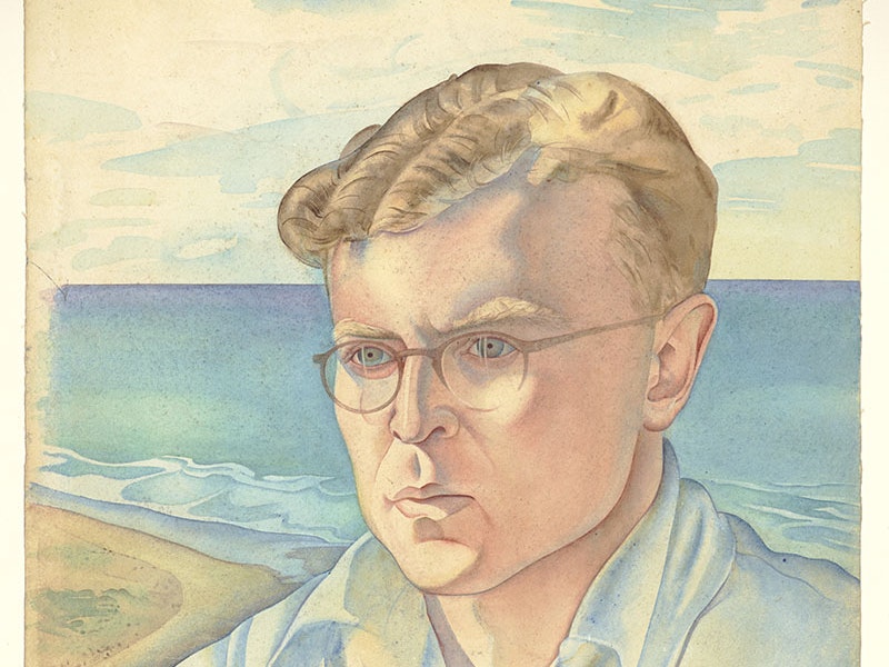 Rita Angus, Douglas Lilburn, 1945, watercolour. Purchased 2022 with assistance from the Te Papa Foundation. Te Papa (2022-0002-2) Watercolour portrait of Douglas Kilburn. He is at the sea, a beach can be seen behind him and beyond that a vast ocean. He wears glasses and a lose-fitting casual-looking collared shirt