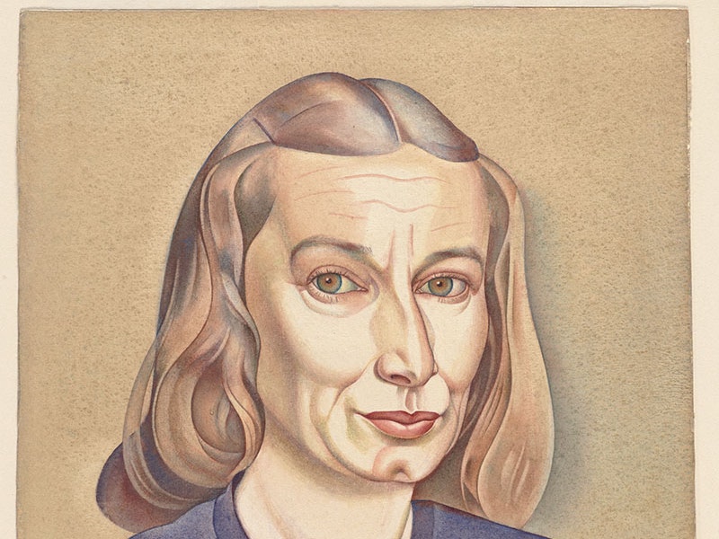 Rita Angus, Self-portrait, 1947. Watercolour. Purchased 2022 with assistance from the Te Papa Foundation. Te Papa (2022-0002-1) Self-portrait painting of Rita Angus. Her hair is clipped back, and she wears a purple top. She looks directly at the viewer