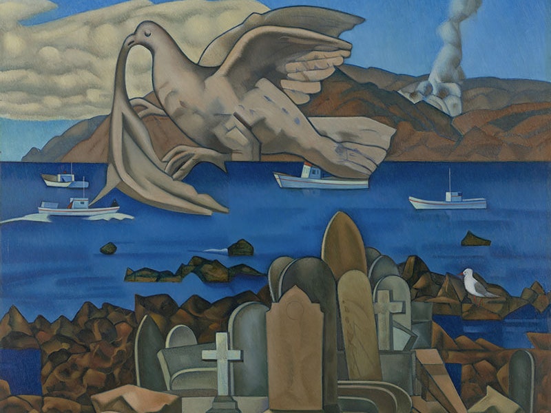Rita Angus, Flight, 1969, oil on hardboard. Purchased 1970 from Wellington City Council Picture Purchase Fund. Te Papa (970-0012-1) A painting of a an impossible Wellington landscape, made up of tombstones in the foreground, boats in a harbour depicting Island Bay, and hills in the distance. A dove flies by in the middle of the frame