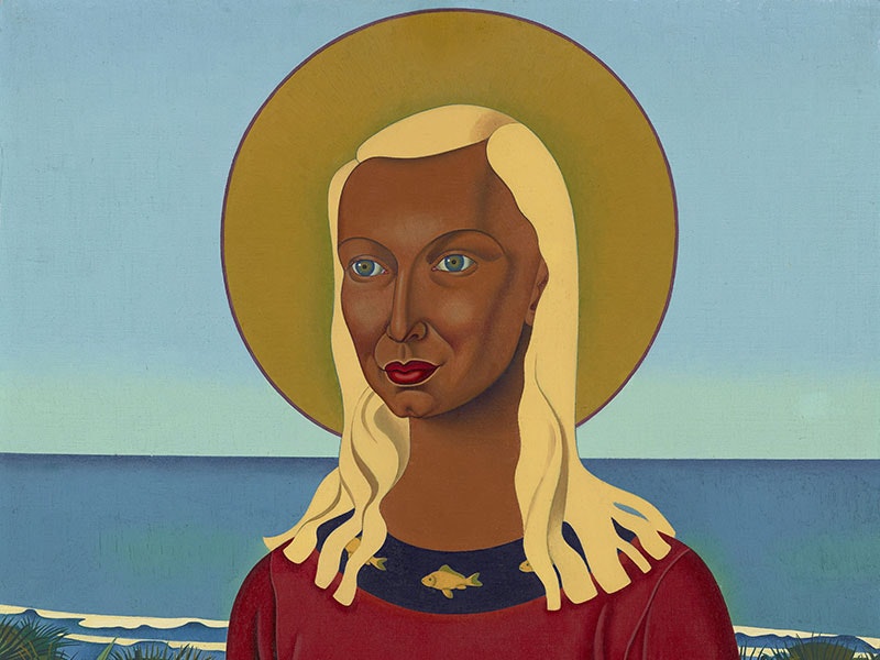 Rita Angus, Rutu, 1951, oil on canvas. Purchased 1992 with New Zealand Lottery Grants Board funds. Te Papa (1992-0025-1) Painting of Rita Angus sitting with the ocean behind her and a yellow circle behind her head like an aura. She is holding a white flower