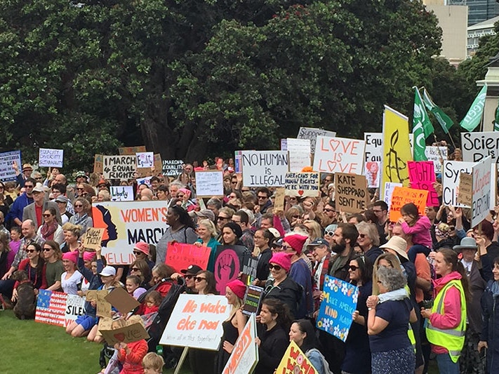 Women’s March protestors in Parliament’s grounds, Wellington, 21 Jan 2017, by Amy Pearl, digital colour photograph. Gift of Amy Pearl, 2017. Te Papa (O.045292) Photo of hundreds of people gathered on Parliament grounds, carrying many protest signs