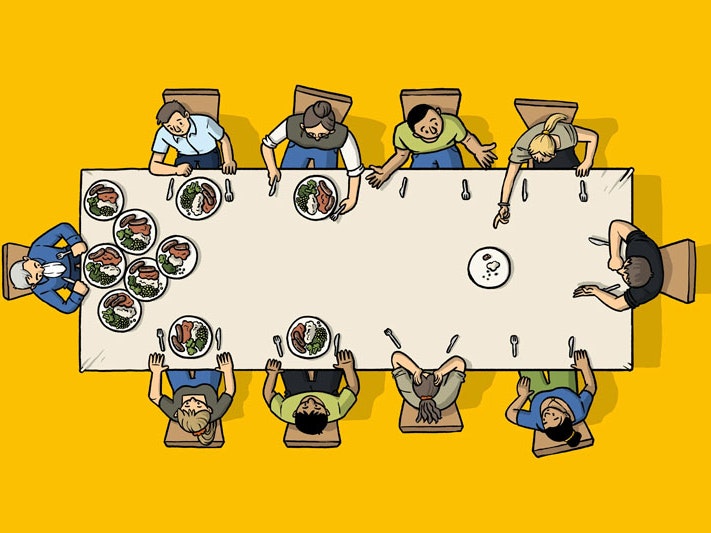 Excerpt from The Side Eye #45: ‘Two New Zealands: The Table’, by Toby Morris, 2022. Courtesy of Toby Morris Cartoon of 10 people sitting around a dining table, each with varying numbers of plates in front of them, from multiple to none