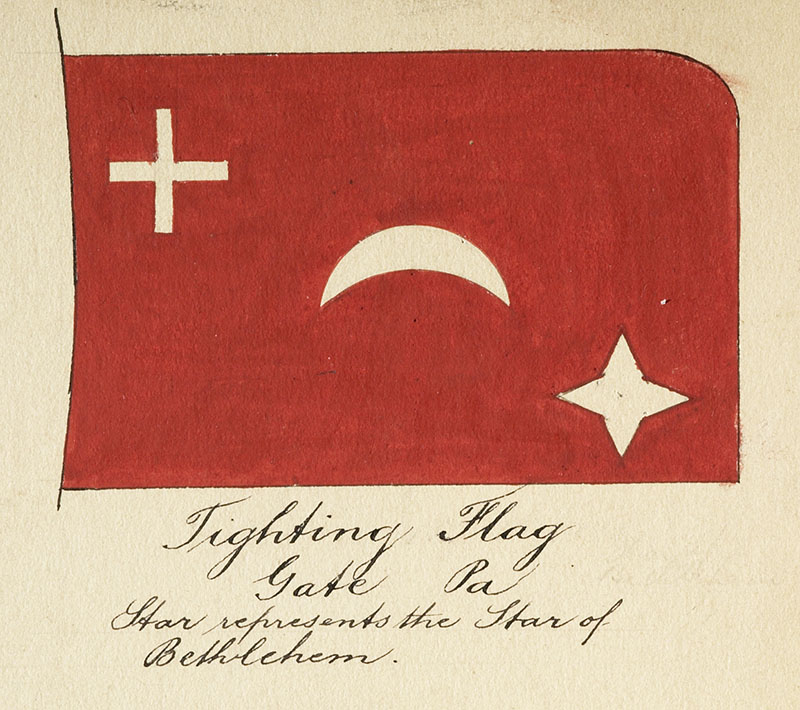 Drawing of a flag. It is red, with a white plus sign in the top-left corner, a white crescent moon facing down in the middle, and a white star in the bottom-right corner. Under is written “Flighting flag, Gate Pa, star represents the Star of Bethlehem’