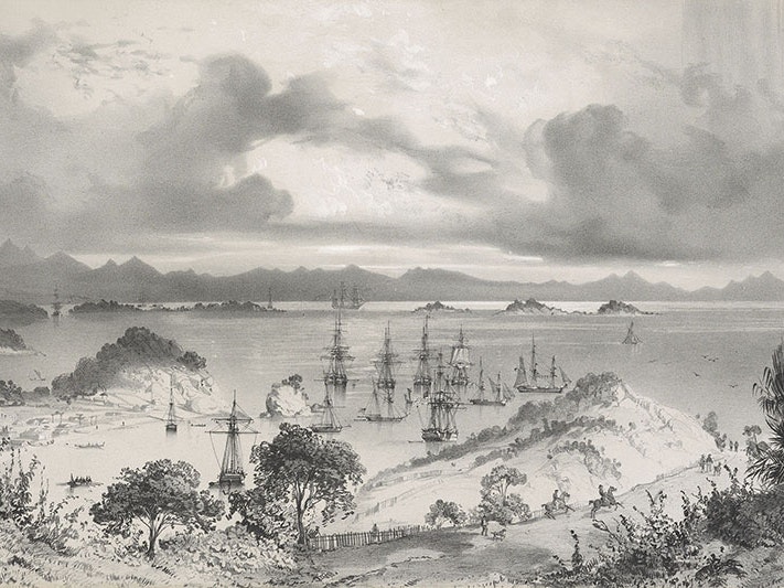 Louis Le Breton, Anchorage of Kororareka (Bay of Islands), 1842, lithograph. Te Papa (2002-0036-2) View of a bay, featuring a number of tall ships in the harbour