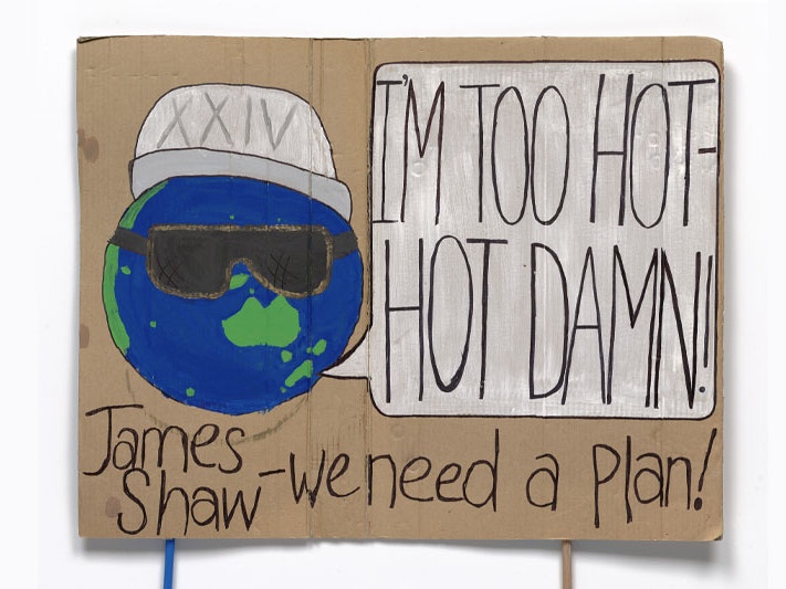 School Strike for Climate Action placard, March 2019, New Zealand, by Hazel Cubis. Gift of Hazel Cubis, 2019. CC BY-NC-ND 4.0. Te Papa (GH025416) Handmade cardboard sign featuring a picture of the Earth, wearing sunglasses and a cap. Earth is saying “I’m too hot – hot damn!” Underneath is written “James Shaw – we need a plan!”