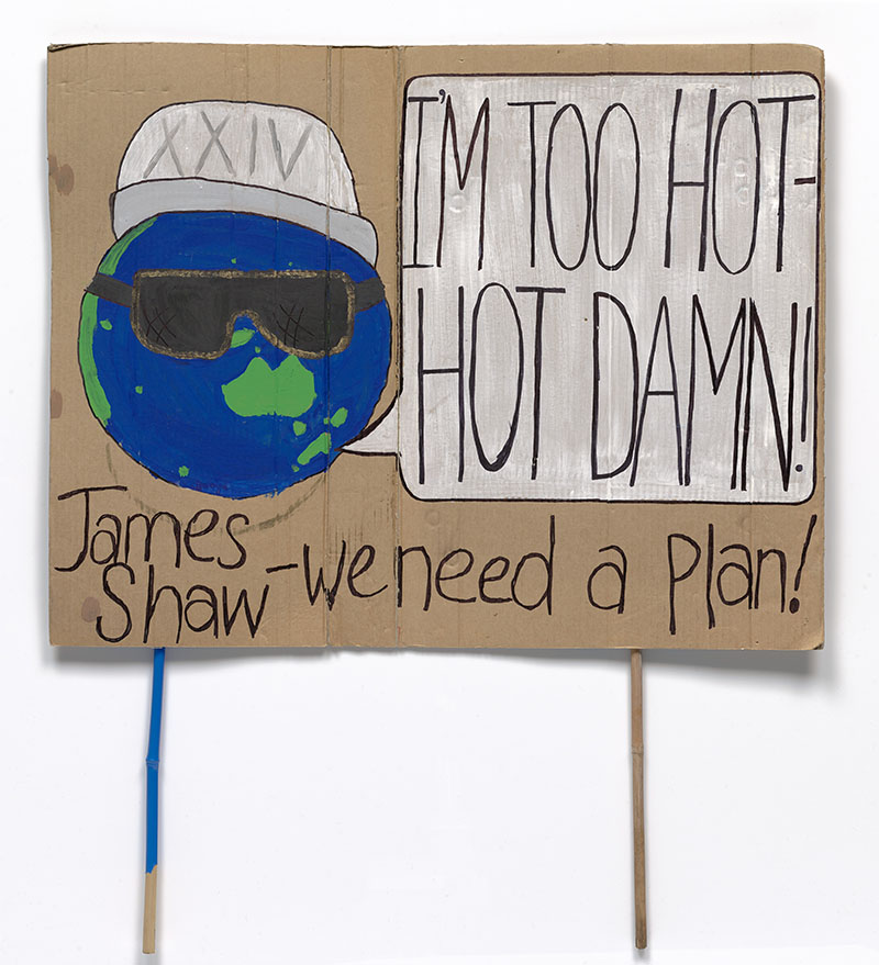 Handmade cardboard sign featuring a picture of the Earth, wearing sunglasses and a cap. Earth is saying “I’m too hot – hot damn!” Underneath is written “James Shaw – we need a plan!”