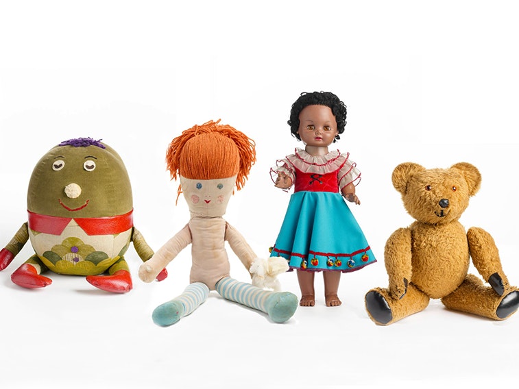 Humpty, Jemima, Manu, and Big Ted from the Play School main characters Four stuffed toys sitting or standing on a white background