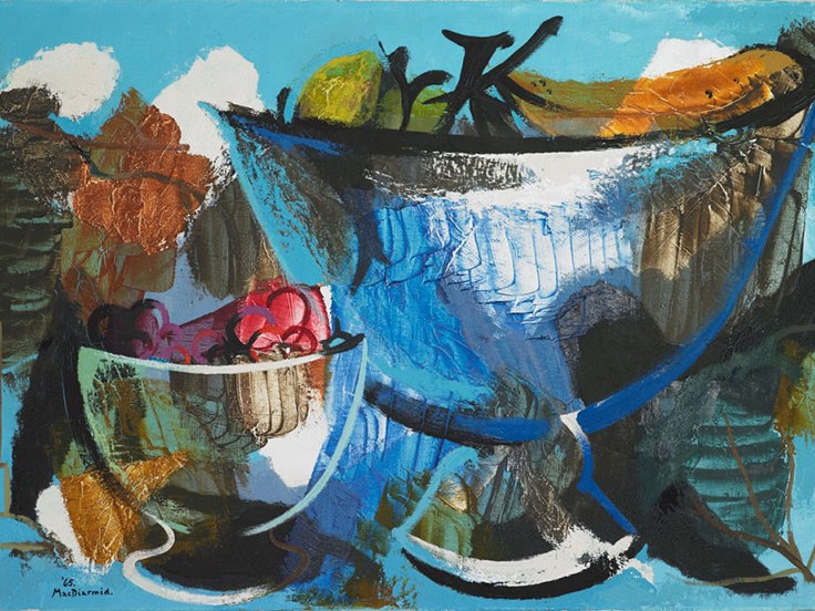 Douglas MacDiarmid, White bowl II (still life), 1965, acrylic on canvas. Gift of Hans and Martha Lachmann, 1995. Te Papa (1995-0020-45) Watercolour painting of three people squeezed into a blue car. A women is in the middle and two men in white T-shirt with blue stripes sit either side of her