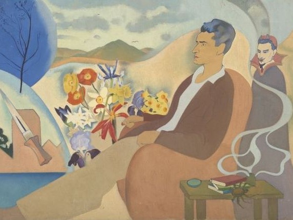 Rita Angus, Figure Allegory, about 1945, oil on canvas. On loan from the Rita Angus Estate. © Estate of Rita Angus. Te Papa Painting of Douglas MacDiarmid sitting in a chair. A table beside him contains books and smoke rising. Behind him is the Devil, hills and flowers, and a dagger