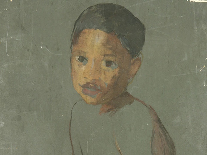 Wilhelm Dittmer, Taketake (Wanganui chief), about 1904, oil on cardboard. Gift of Alexander Turnbull, 1916. Te Papa (1992-0035-1686) Unfinished painting of a young boy on the back of a canvas
