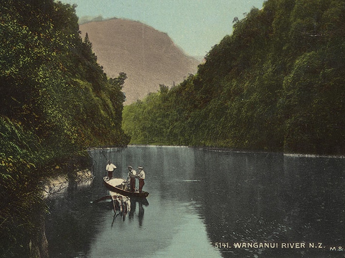 Wanganui River, The New Zealand, 1904-1915, Dunedin, by Muir & Moodie studio. Purchased 1998 with New Zealand Lottery Grants Board funds. Te Papa (PS.000973/08) View of Whanganui River with steep sides offering a cavernous view, with three men on a kayak