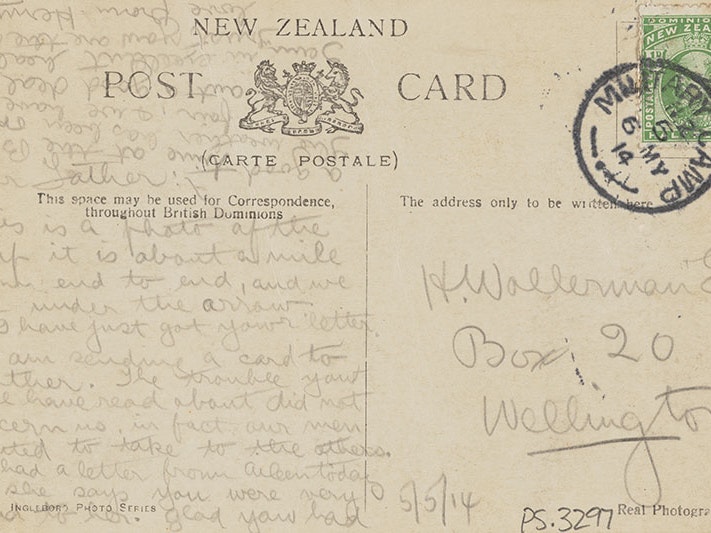 Takapau Divisional Camp 1914, 1914, Wellington, by James Henry Daroux. Te Papa (PS.003297) The back of a postcard containing a handwritten message in pencil
