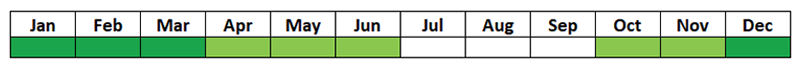 A table with two rows and twelve columns each with the months of the year in them. Jan, Feb, Mar, and Dec have dark green underneath, Apr, May, Jun, Oct, Nov have lighter green underneath, July to September has no colour underneath.