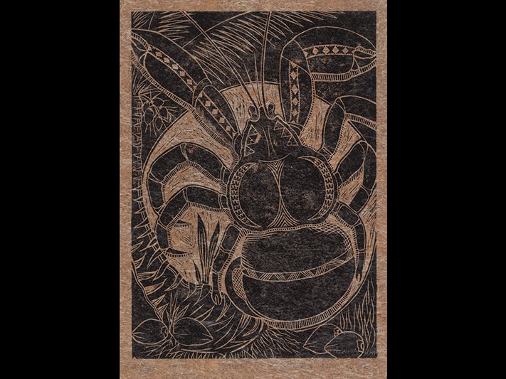 Tupe, woodcut by Ralph Ako, 1996, Solomon Islands. Purchased 2016. Te Papa (FE013256) A woodcut print of a giant crab